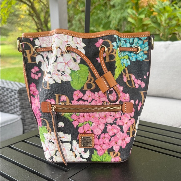 Dooney and Bourke monogrammed, hydrangea, drawstring, bucket bag - Picture 1 of 7